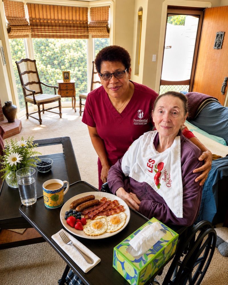 A Providential Fijian Home Care caregiver assisting a client with breakfast